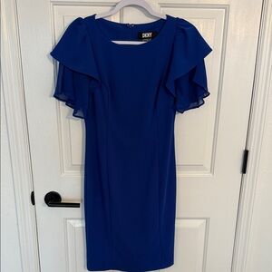 DKNY Cobalt Blue Sheath Dress with Chiffon Flutter Sleeves Size 4